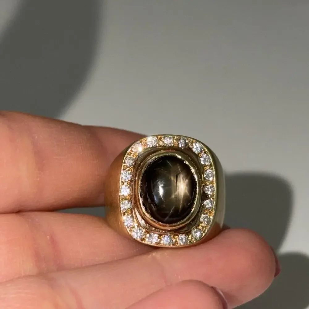 Vintage 14K Yellow Gold West Germany Smoky Cabochon Diamond Chunky Ring Sz 7.25